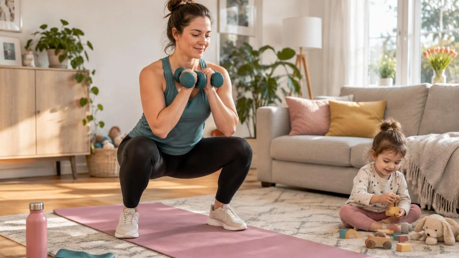 Moeder doet een workout thuis op een mat terwijl haar kind ernaast speelt