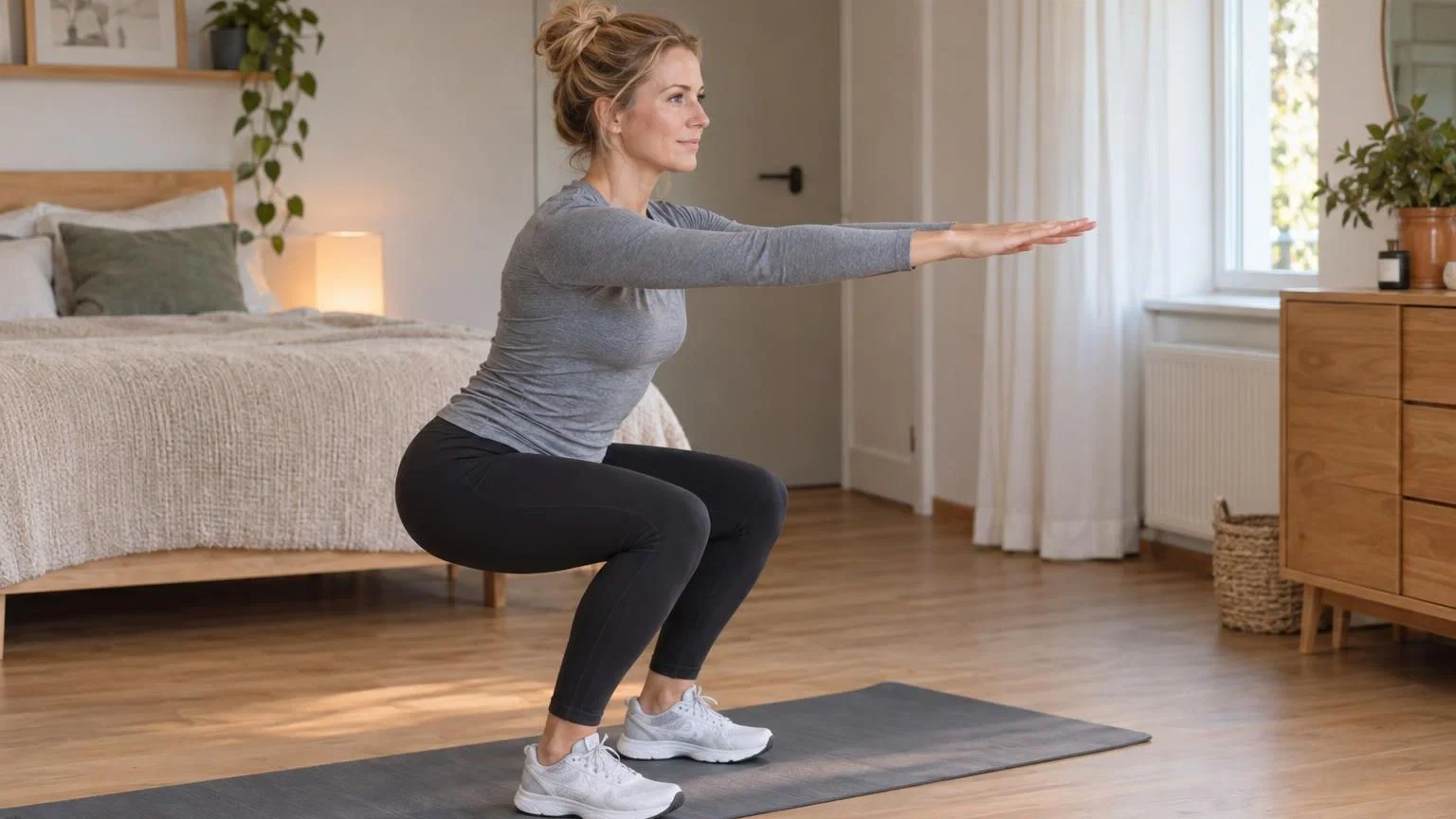 Zwangere vrouw doet squats op trainingsmat thuis voor veilige fitness tijdens zwangerschap